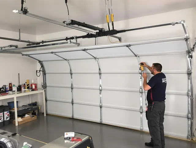 Warren Garage Door Repair certified technician performing overhead door system repair in Warren